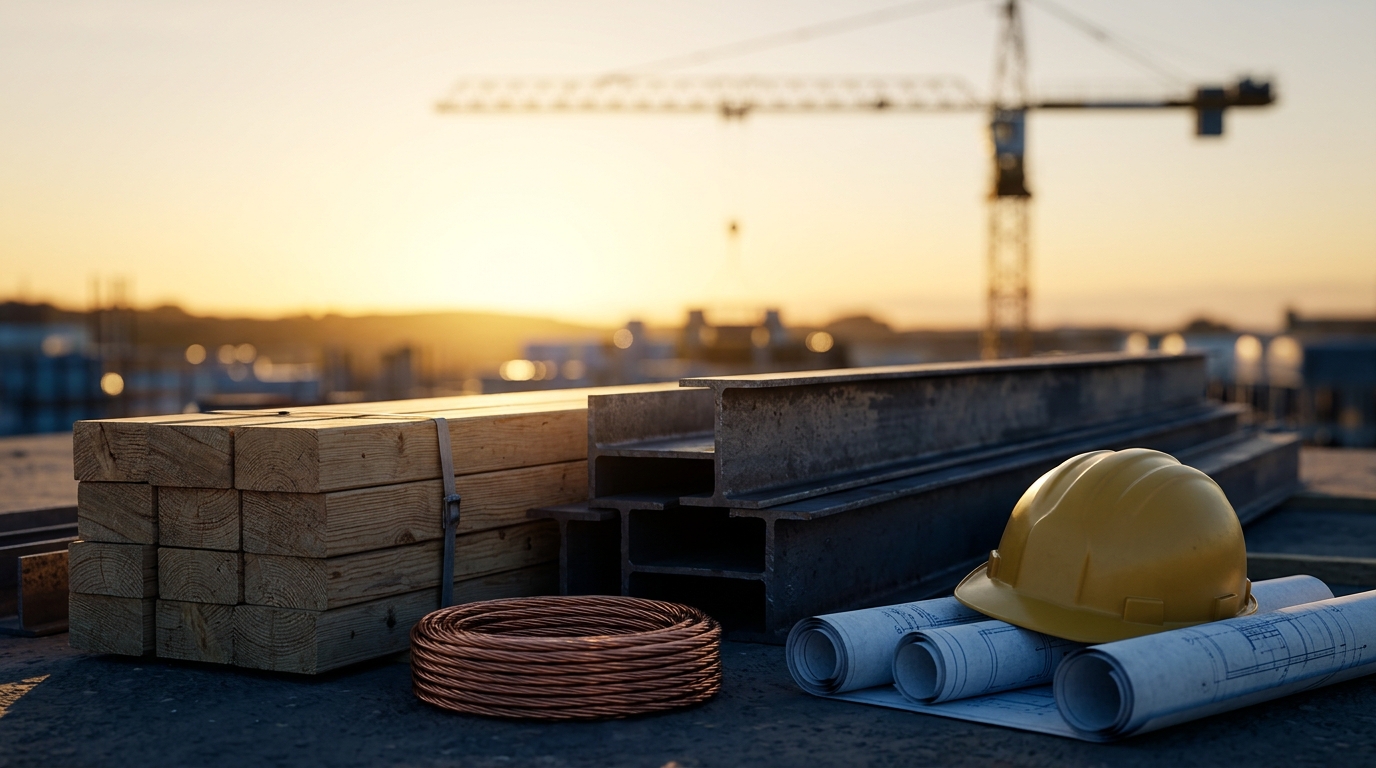 Lumber, steel beams, blueprints and a hard hat on a construction site at sunset