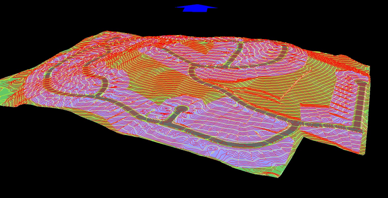 Early Envision 3D ground-mesh model showing site contours and road layout